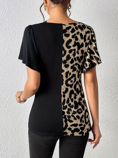 T-Shirt mit gerüschtem Leopardenmuster und Flatterärmeln