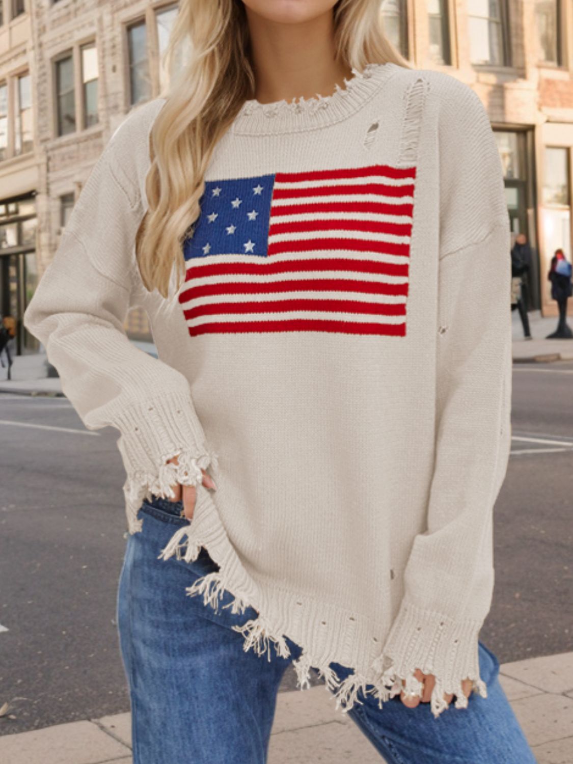 Langärmliger Pullover mit Rundhalsausschnitt und US-Flagge im Used-Look
