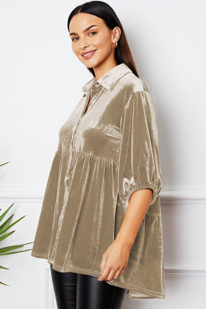 Gestuftes Hemd aus Samt mit Knopfleiste und Kragen