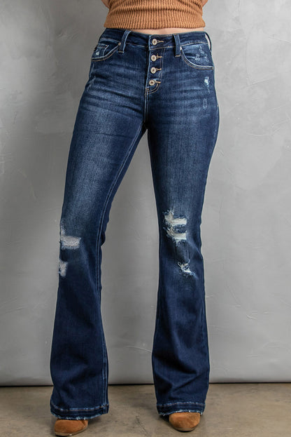Distressed-Bootcut-Jeans mit Knopfleiste