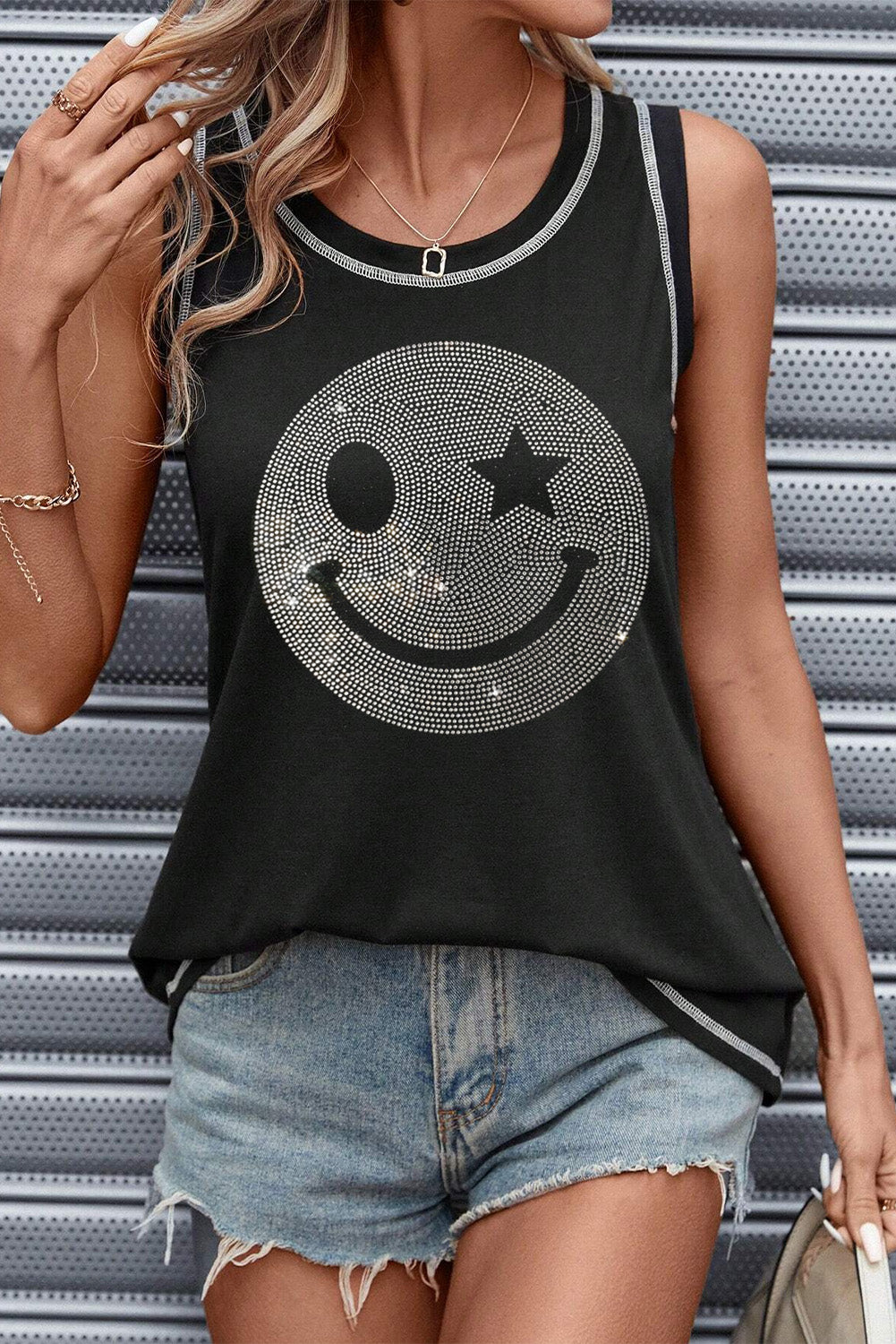 Strass Smile Face Rundhals-Tank