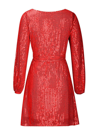 Langärmliges Minikleid mit Pailletten und Bindegürtel