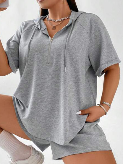 Set mit Kapuzenoberteil und Shorts in voller Größe mit Kordelzug und halbem Reißverschluss, Übergröße