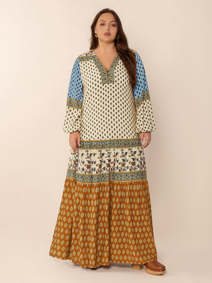 Bedrucktes Maxikleid mit V-Ausschnitt und Ballonärmeln in Übergröße