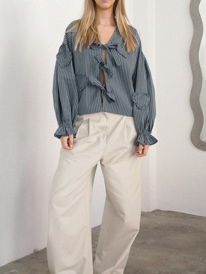Bluse mit Volantärmeln und Bindeband