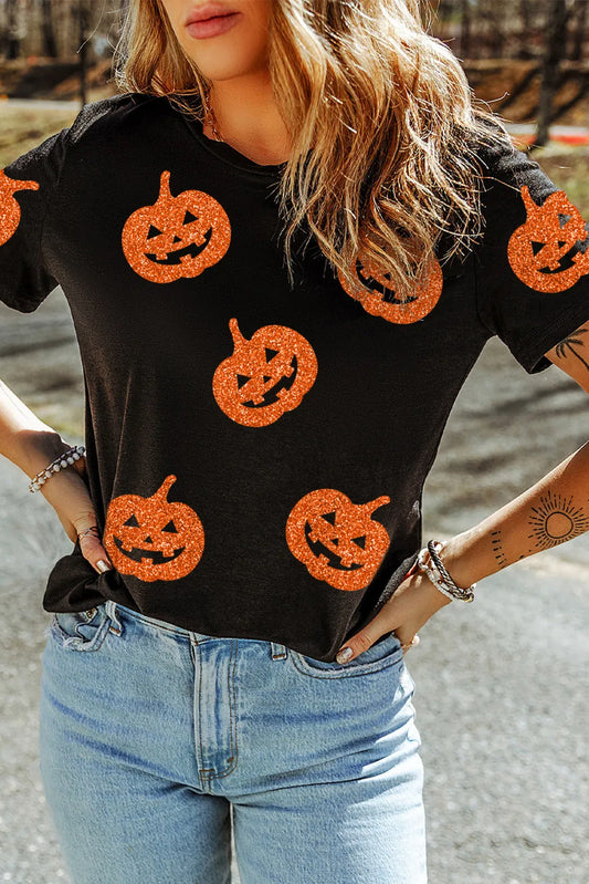 Glitzerndes Jack-O'-Lantern-T-Shirt in voller Größe mit Rundhalsausschnitt und kurzen Ärmeln
