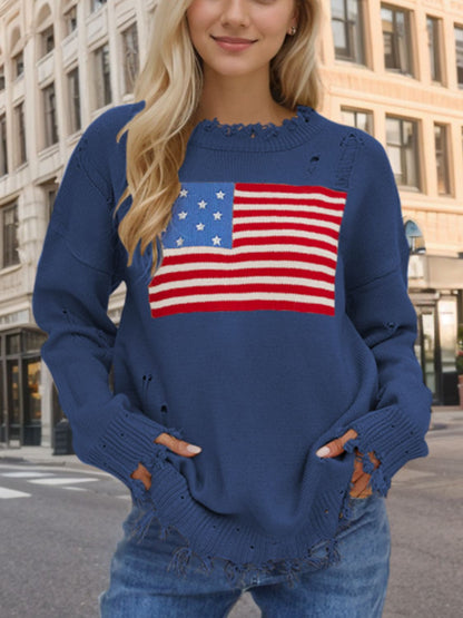 Langärmliger Pullover mit Rundhalsausschnitt und US-Flagge im Used-Look