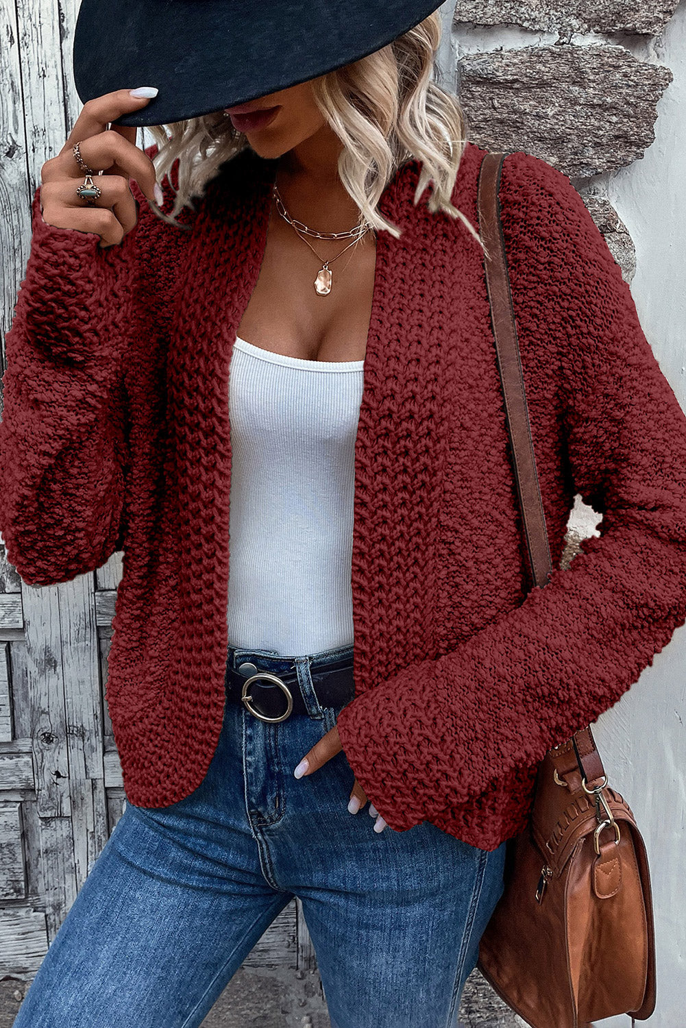 Einfarbige Strickjacke mit offener Vorderseite