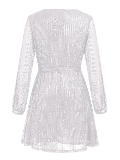 Langärmliges Minikleid mit Pailletten und Bindegürtel