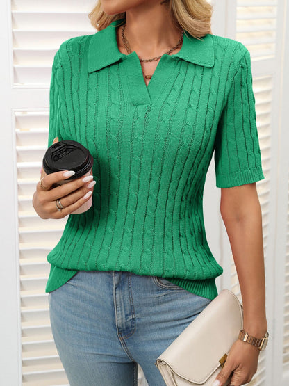 Mandy Zopfmusterpullover mit Johnny-Kragen und halblangen Ärmeln