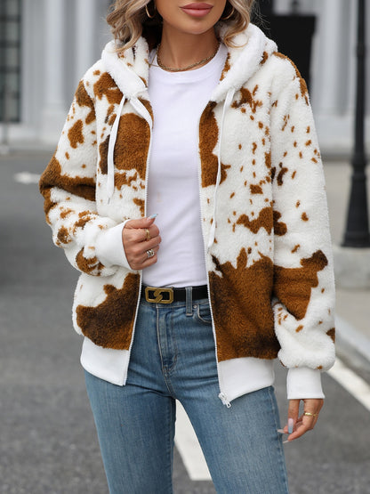 Flauschige Kapuzenjacke mit Kordelzug und Reißverschluss