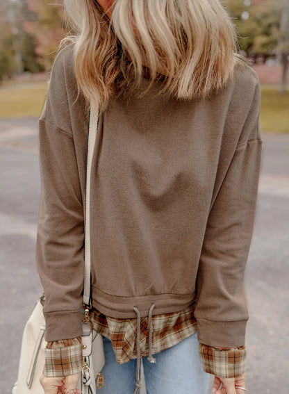 Kariertes Rollkragen-Langarm-Oberteil mit Kordelzug