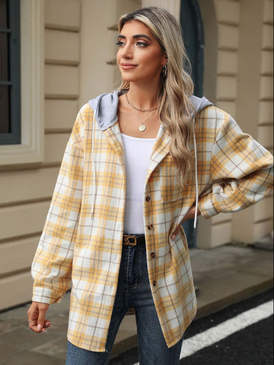 Karierte Kapuzenjacke mit Kordelzug und Knopfleiste
