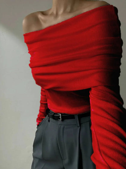 Schulterfreies, langärmliges Stricktop