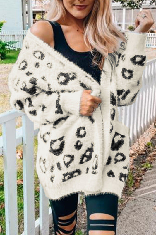 Leoparden-Cardigan mit offener Vorderseite und Taschen