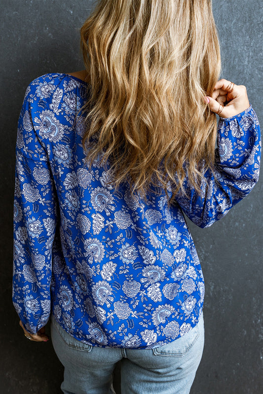 Bluse mit Blumenmuster, Reverskragen und Ballonärmeln