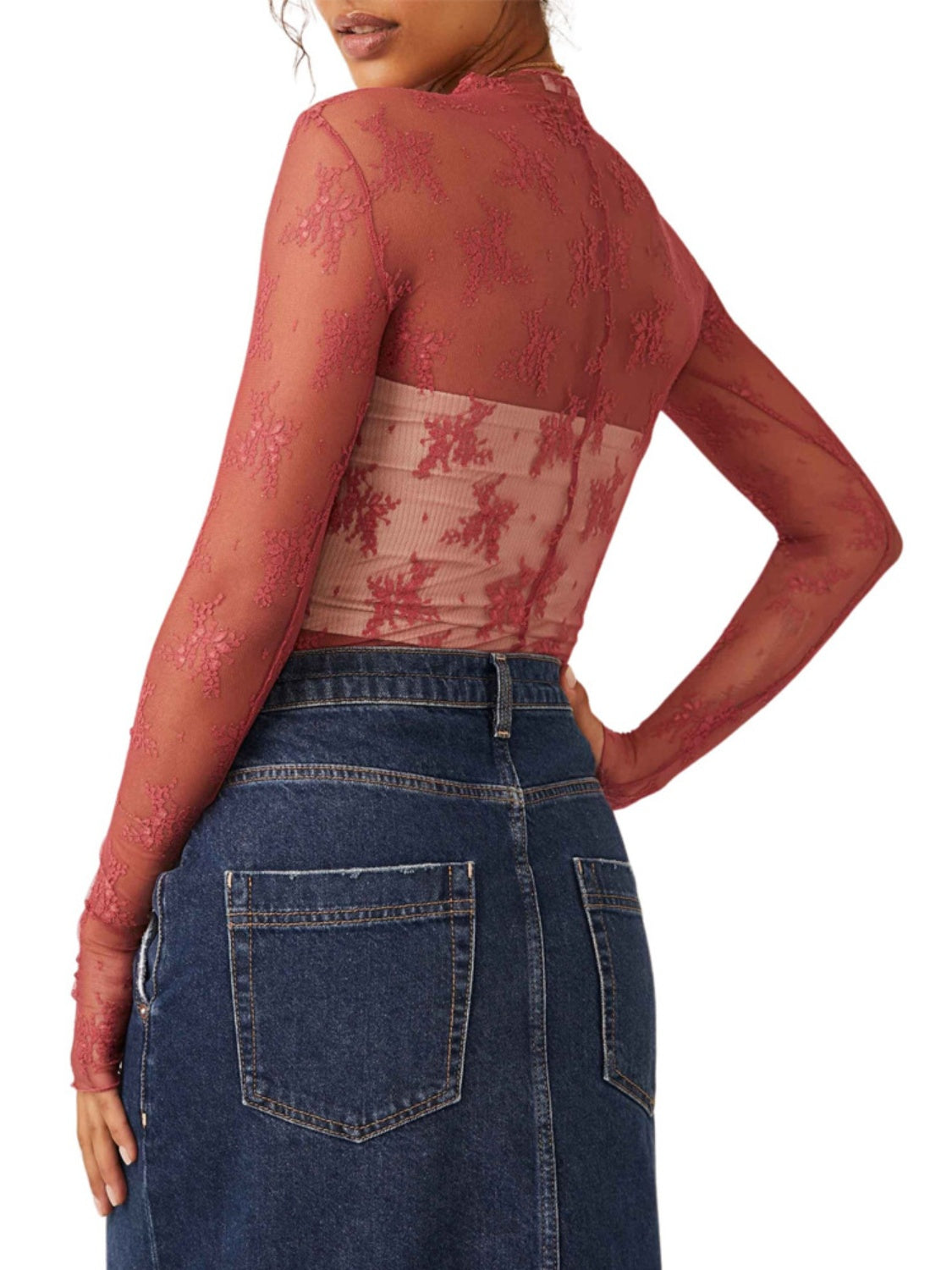 Langarmbluse mit Stehkragen und Spitze