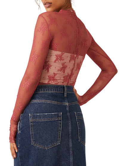 Langarmbluse mit Stehkragen und Spitze