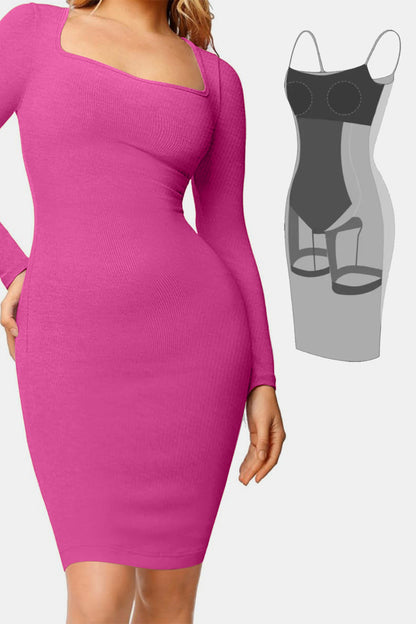 Basic Bae – Kleid in voller Größe mit integrierter Shapewear und quadratischem Ausschnitt und langen Ärmeln
