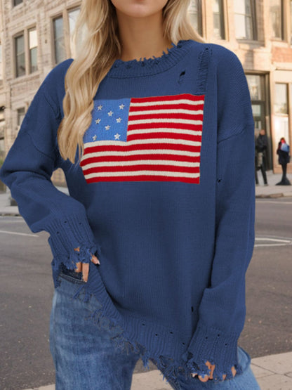 Langärmliger Pullover mit Rundhalsausschnitt und US-Flagge im Used-Look