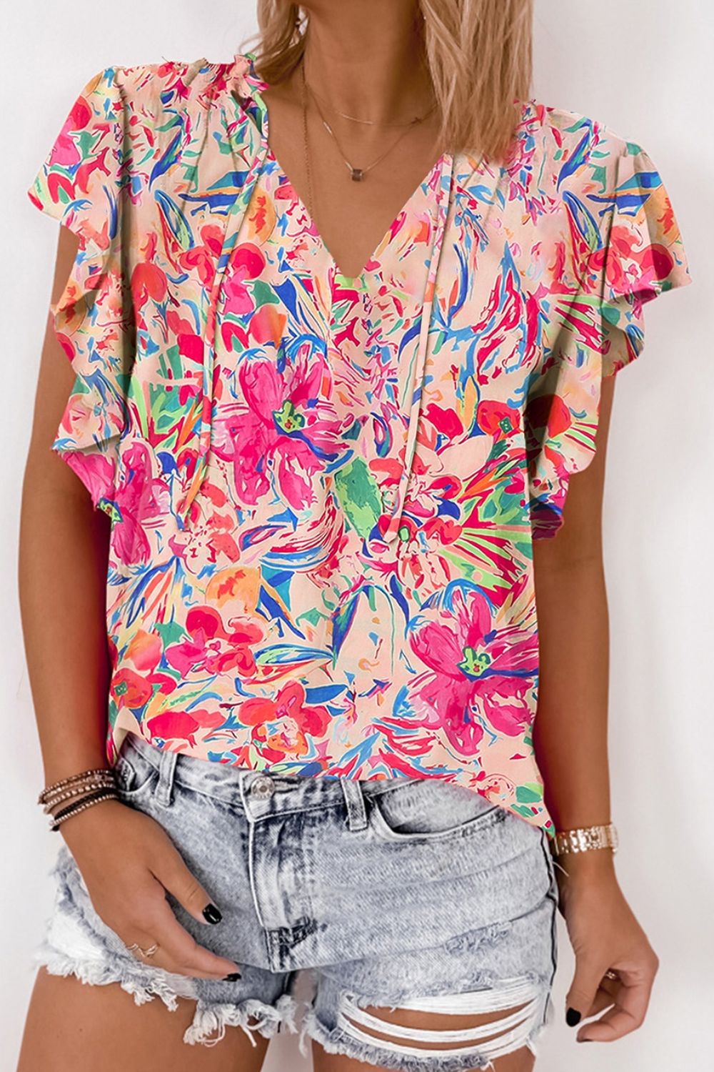 Bluse mit Flügelärmeln, Rüschen und Print