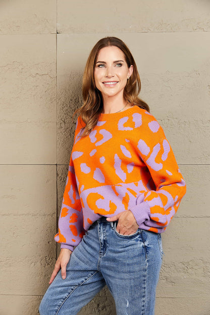 Pullover mit Angel Wings-Muster und Leopardenmuster, Rundhalsausschnitt und überschnittenen Schultern