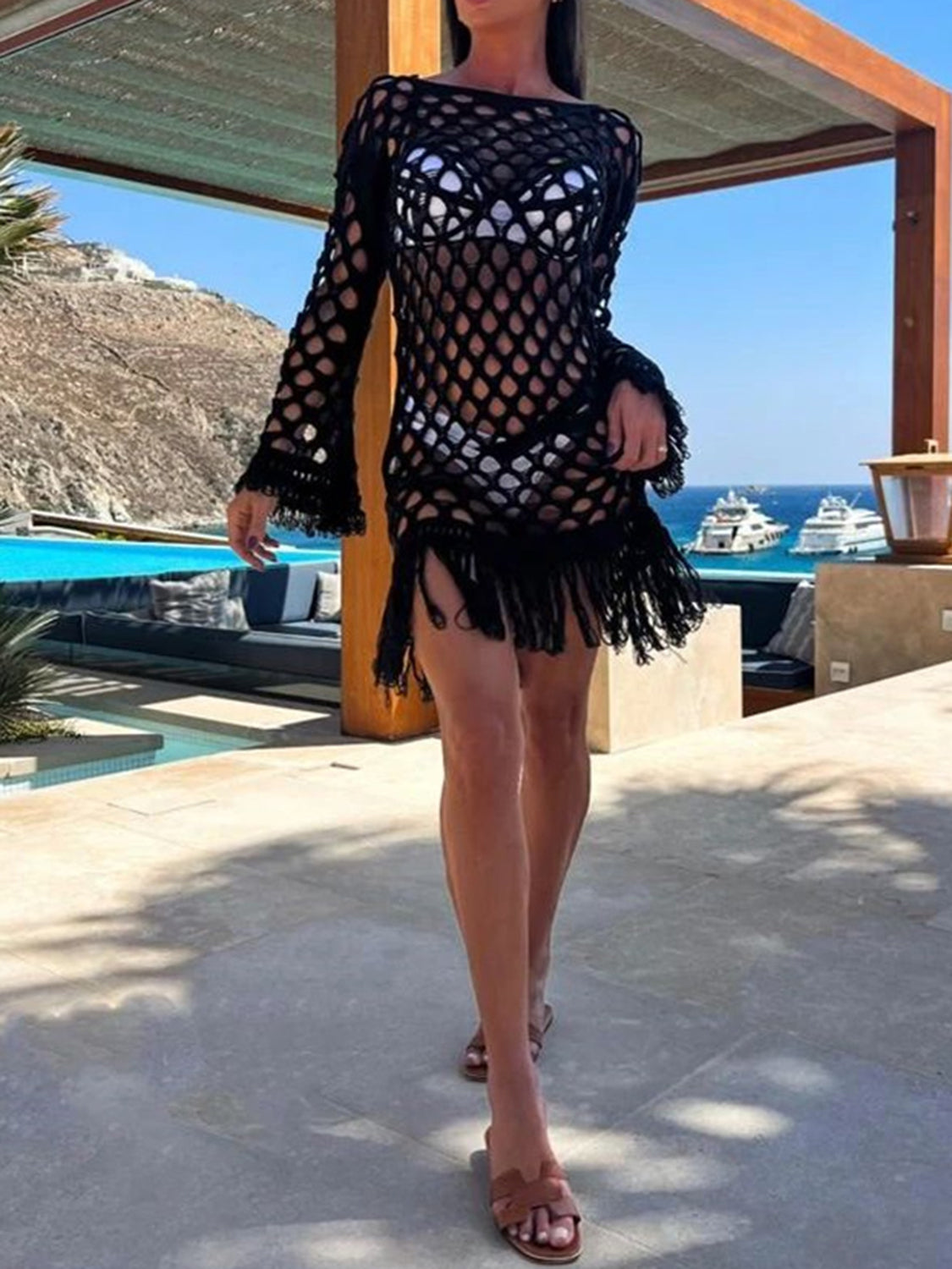 Langärmliges Cover-Up mit Fransen und Cut-Outs