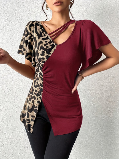 T-Shirt mit gerüschtem Leopardenmuster und Flatterärmeln