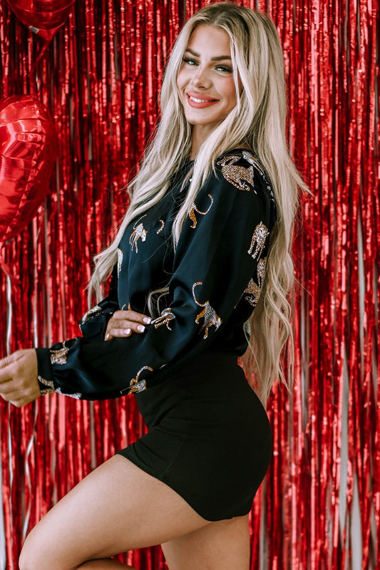 Langarmbluse mit Rundhalsausschnitt und Tiermuster