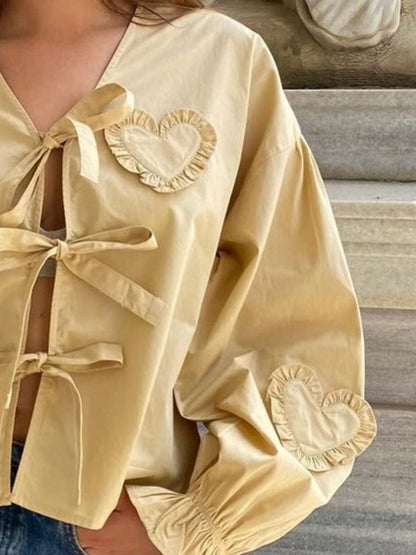 Bluse mit Volantärmeln und Bindeband