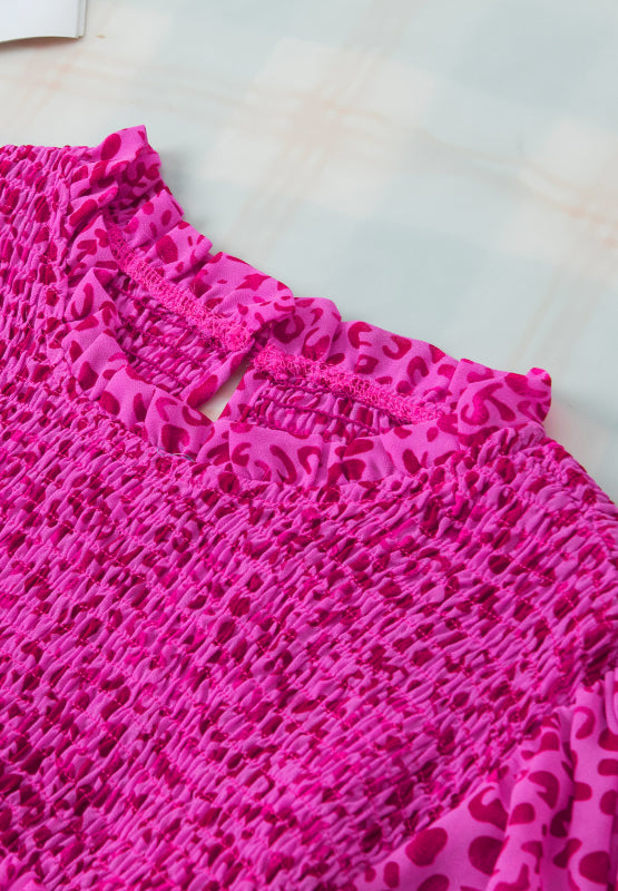 Gerüschte Bluse mit Leopardenmuster und Stehkragen