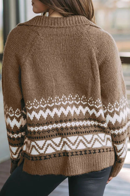 Langärmlige Strickjacke mit geometrischem Muster und Reißverschluss