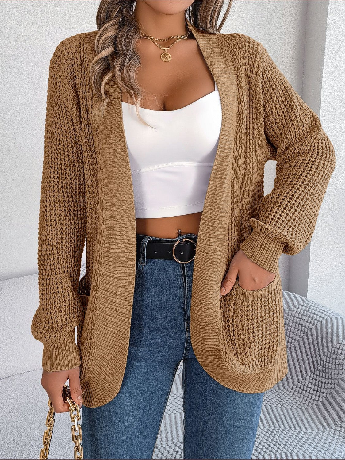 Strickjacke mit offenen Ärmeln und Taschen