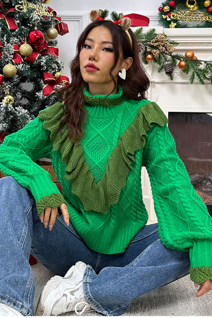 Zopfmusterpullover mit Rüschen, Stehkragen und Laternenärmeln