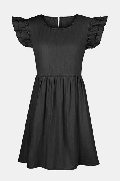 Jeanskleid in voller Größe mit Rundhalsausschnitt, gerüschten Flügelärmeln