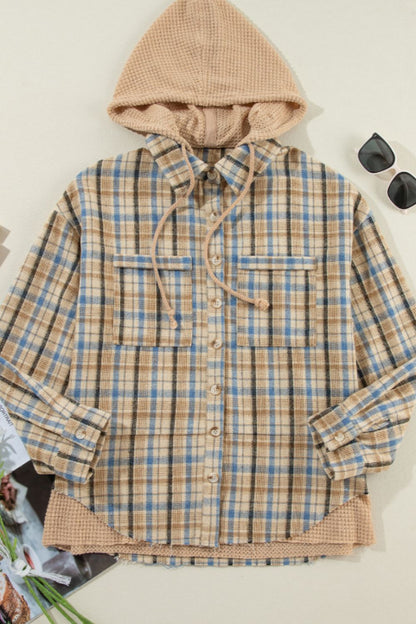 Patchwork-Shacket mit Kapuze und Waffelstrick im Plaid-Stil mit Kordelzug