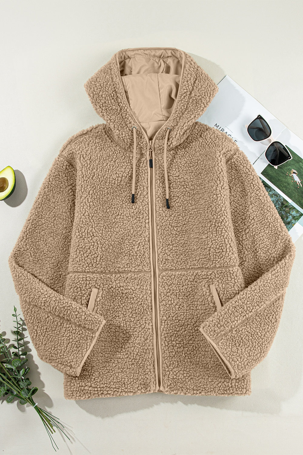 Fleecejacke mit Reißverschluss und Kapuze und Kordelzug