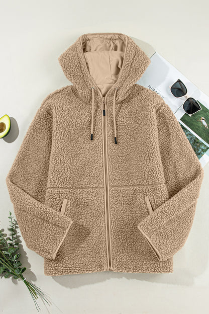 Fleecejacke mit Reißverschluss und Kapuze und Kordelzug