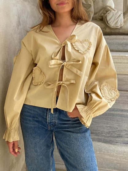 Bluse mit Volantärmeln und Bindeband