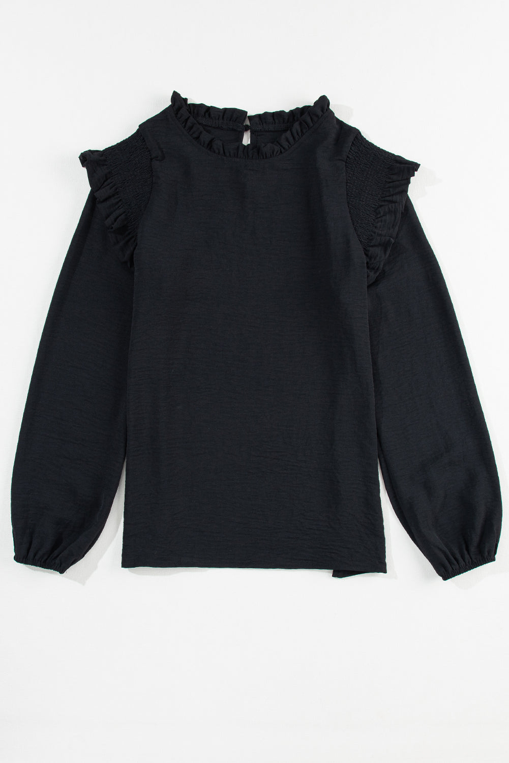 Bluse mit Stehkragen, Rüschen und Ballonärmeln