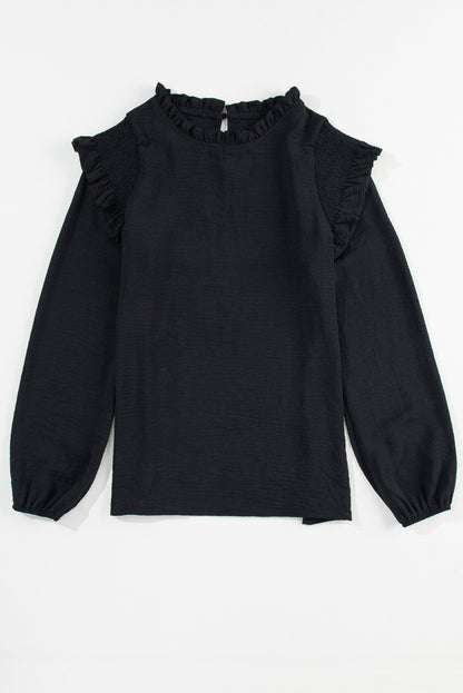 Bluse mit Stehkragen, Rüschen und Ballonärmeln