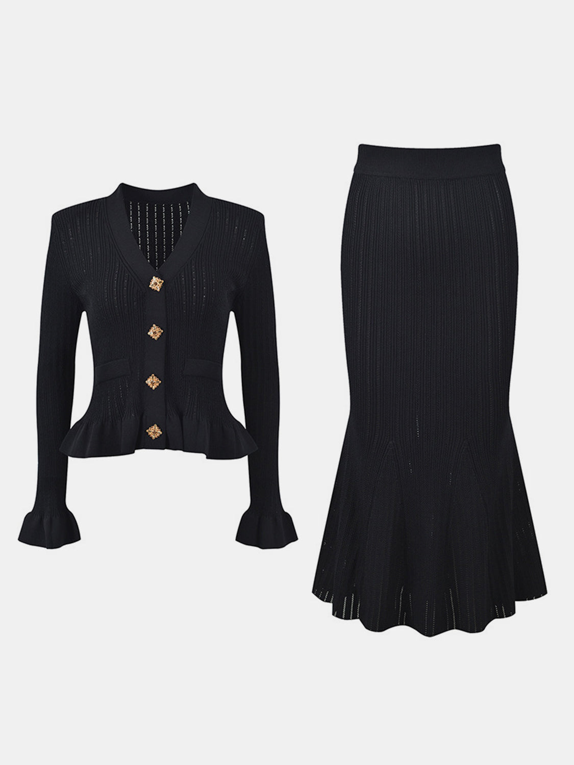 Set aus Oberteil mit V-Ausschnitt und Pullover mit Midirock und Rüschen