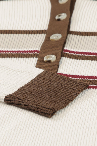 Langärmliges Strickoberteil mit halben Knöpfen und Kontraststreifen