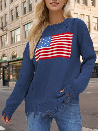 Langärmliger Pullover mit Rundhalsausschnitt und US-Flagge im Used-Look