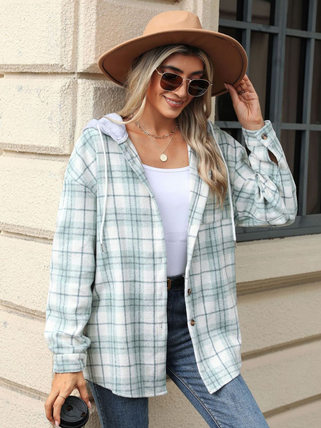Karierte Kapuzenjacke mit Kordelzug und Knopfleiste
