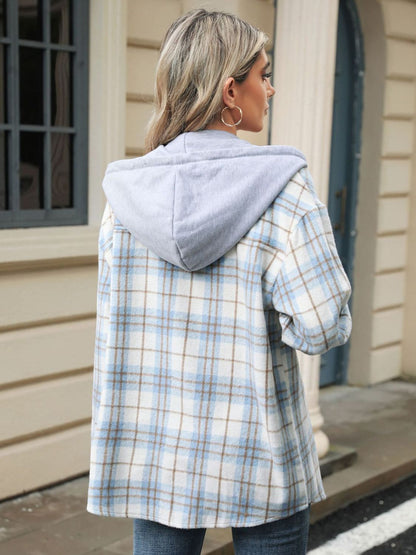 Karierte Kapuzenjacke mit Kordelzug und Knopfleiste