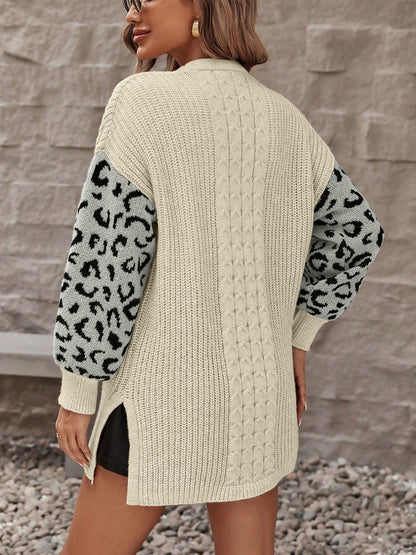Cardigan mit offener Vorderseite und Leopardenmuster und Taschen