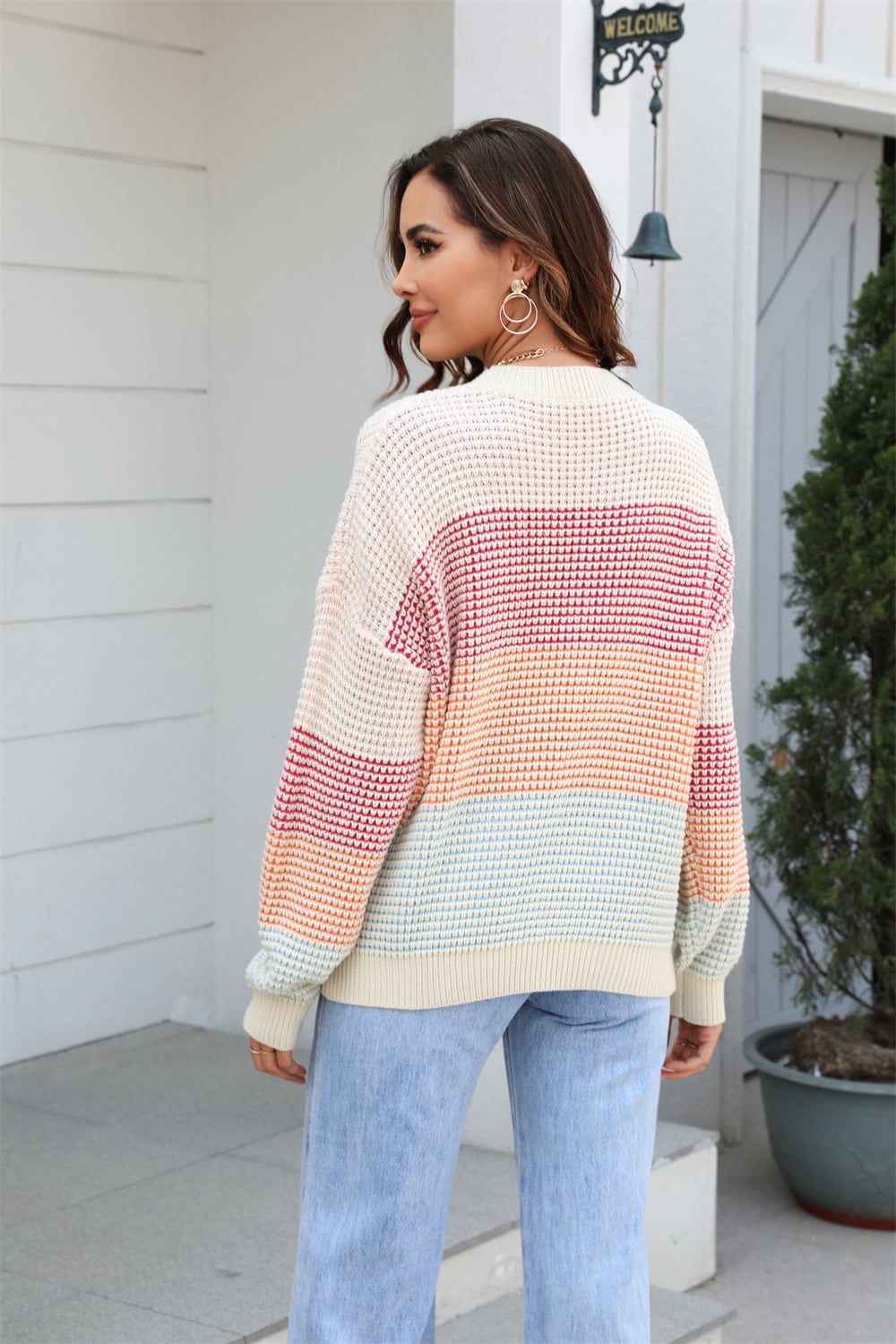 Pullover mit Waffelstrick und Engelsflügeln, Rundhalsausschnitt, überschnittenen Schultern und Farbblockdesign