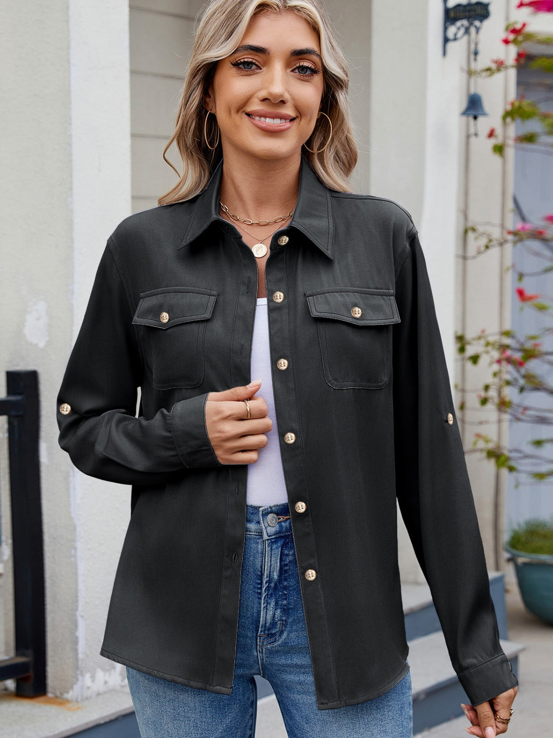 Einfarbiges Langarmhemd mit Kragen