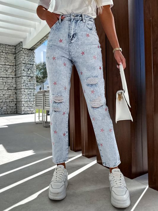 Gerade Jeans im Distressed-Look mit Sternen und Taschen